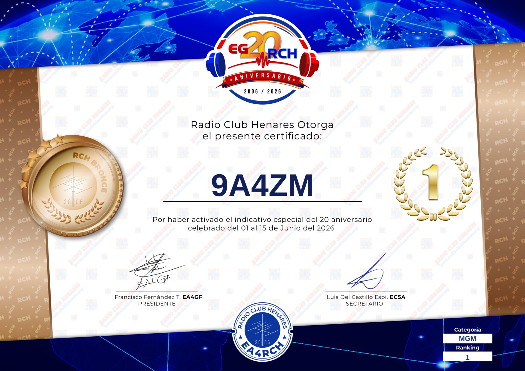Diploma EG20RCH de 9A4ZM