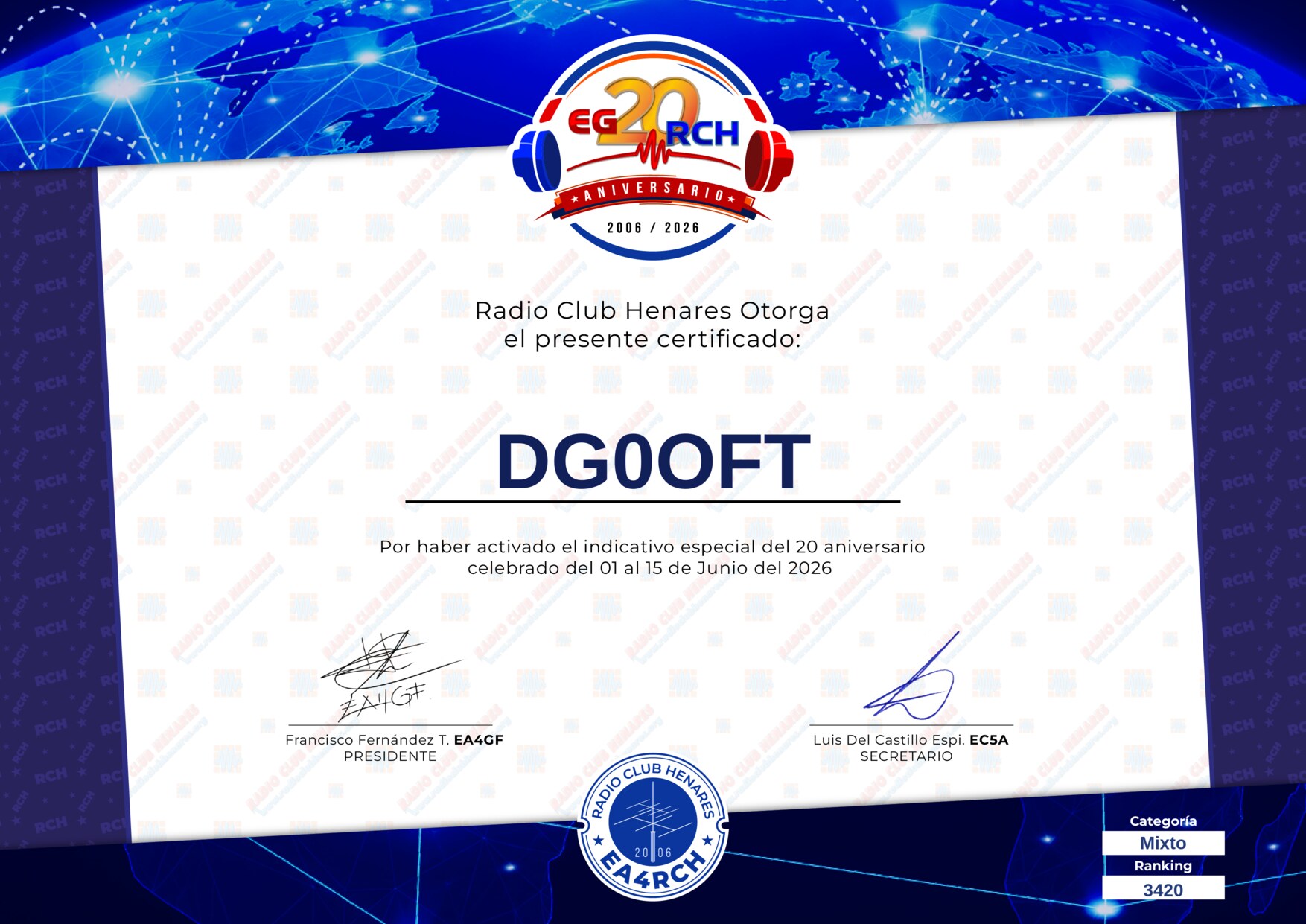 Diploma EG20RCH de DG0OFT