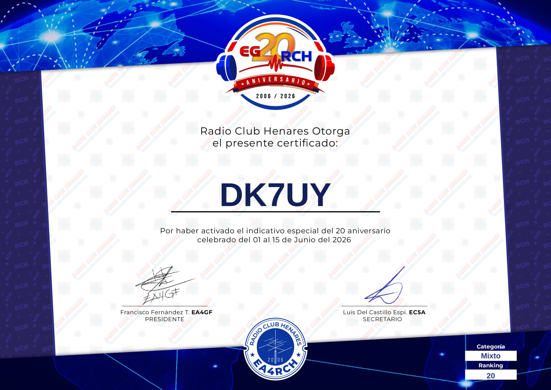 Diploma EG20RCH de DK7UY