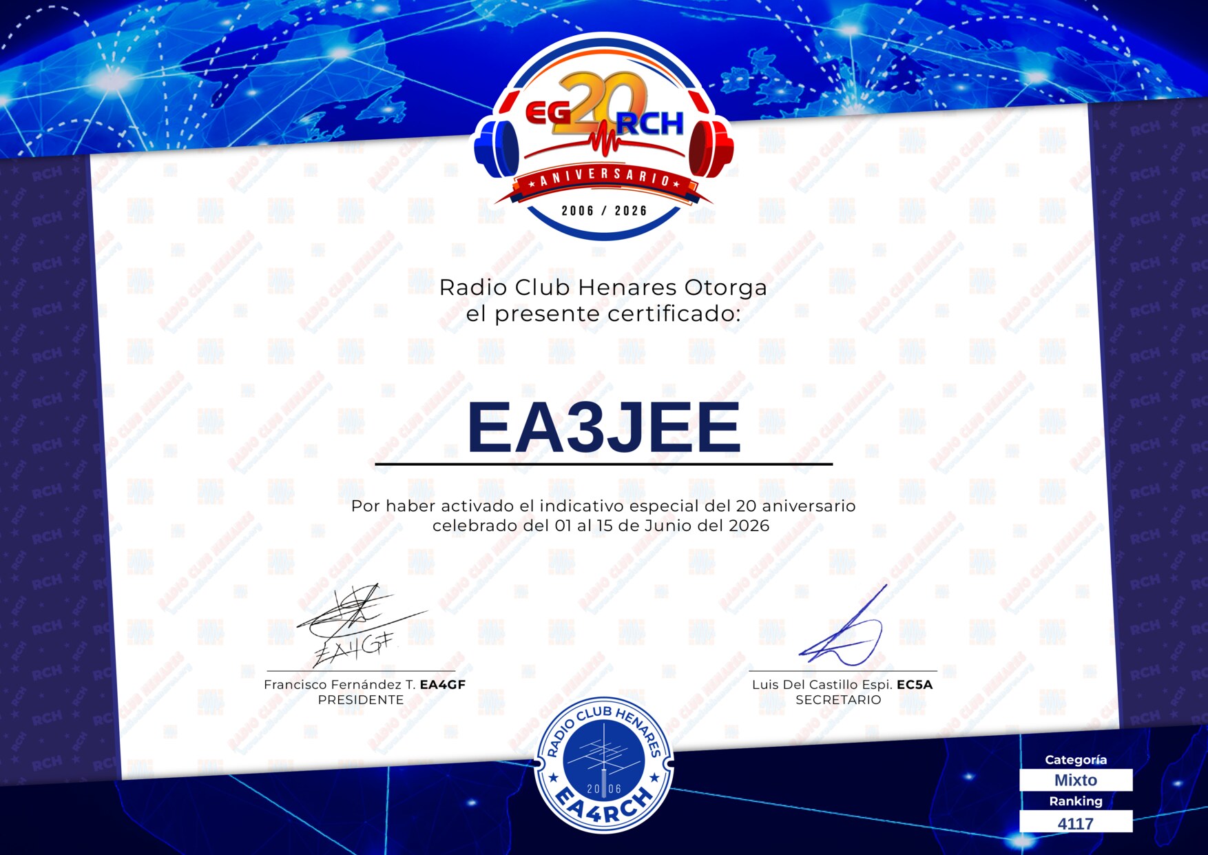 Diploma EG20RCH de EA3JEE
