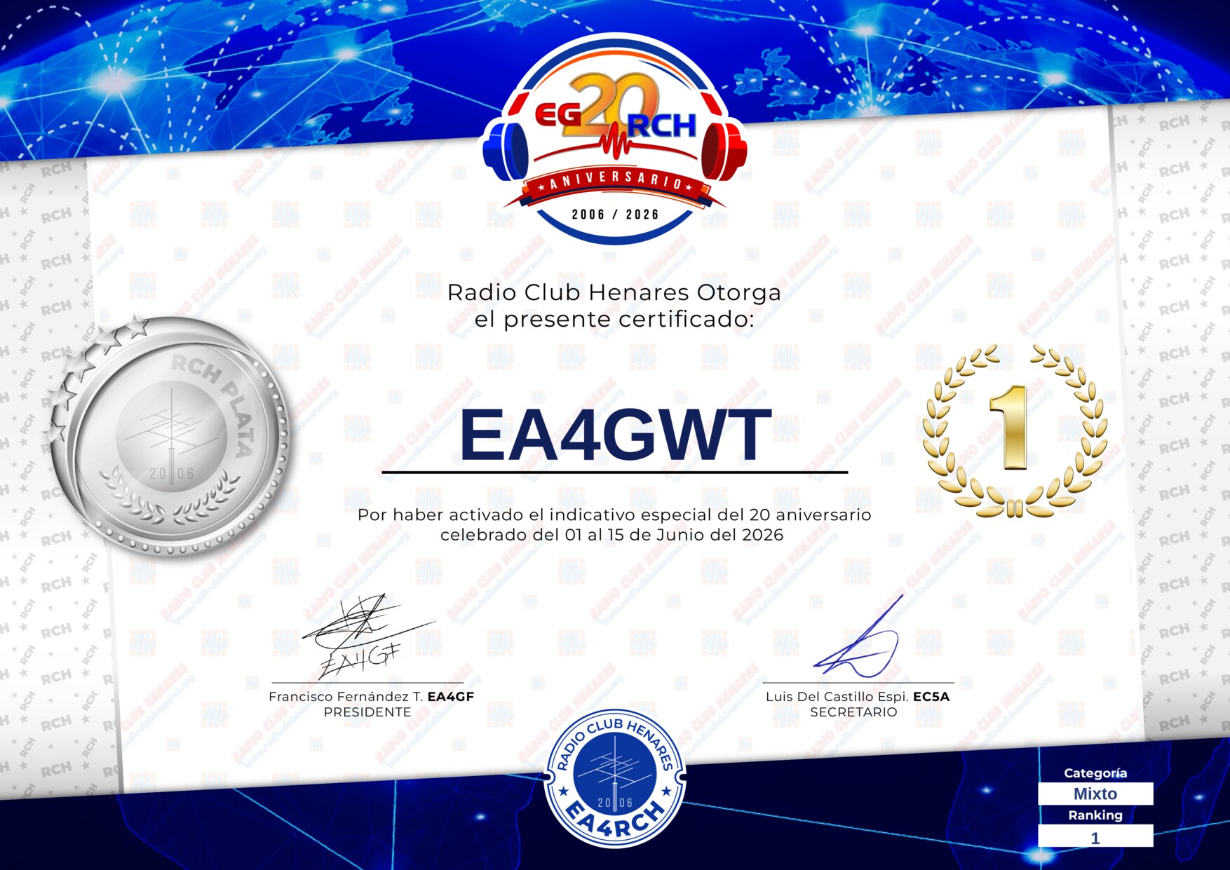 Diploma EG20RCH de EA4GWT