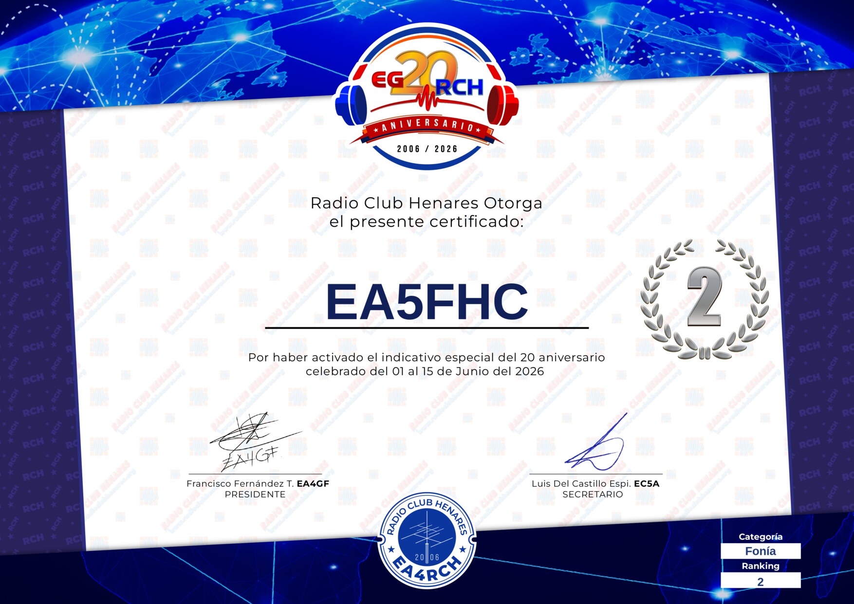 Diploma EG20RCH de EA5FHC