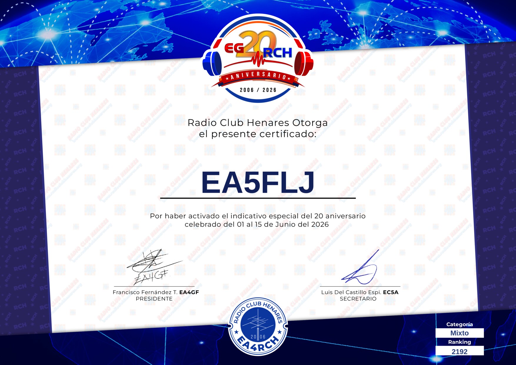 Diploma EG20RCH de EA5FLJ