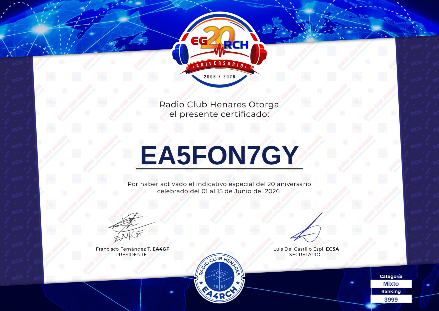 Diploma EG20RCH de EA5FON7GY