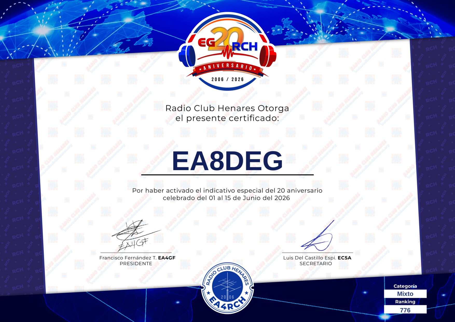 Diploma EG20RCH de EA8DEG