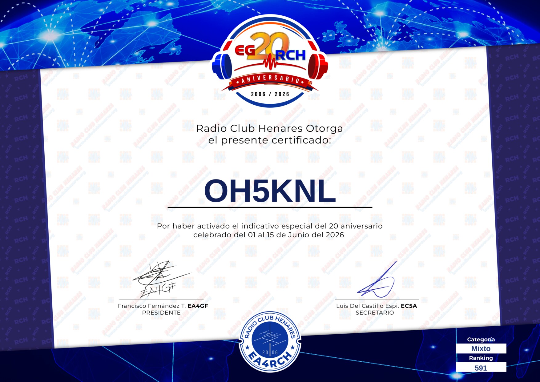 Diploma EG20RCH de OH5KNL