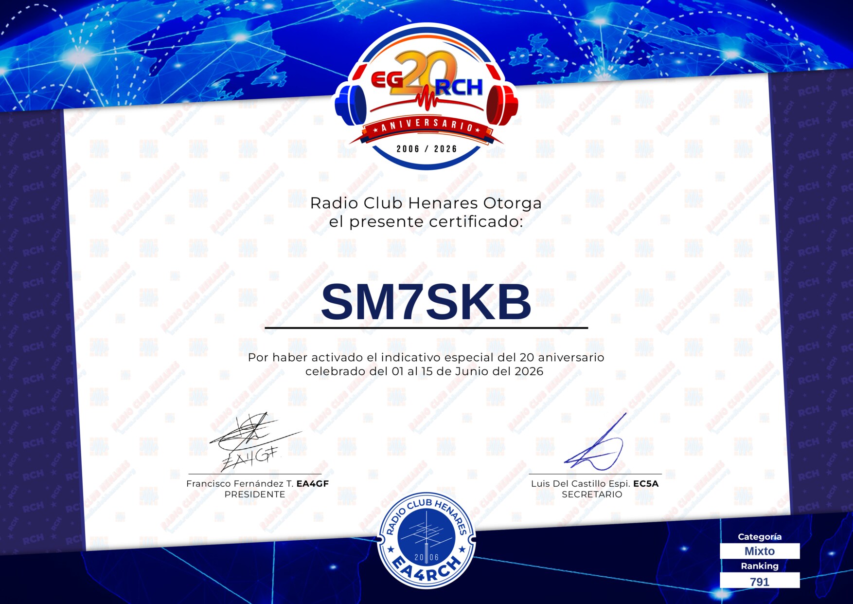 Diploma EG20RCH de SM7SKB