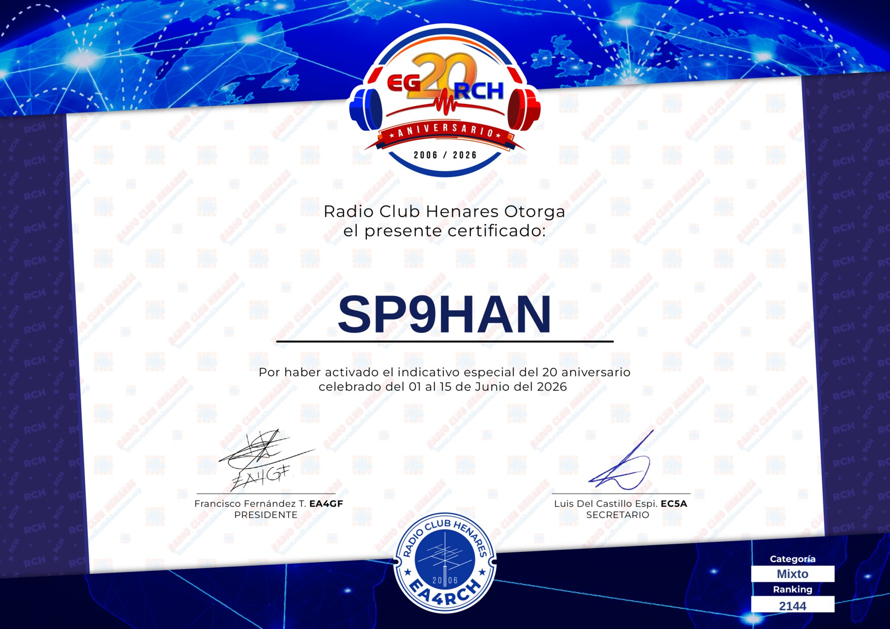 Diploma EG20RCH de SP9HAN