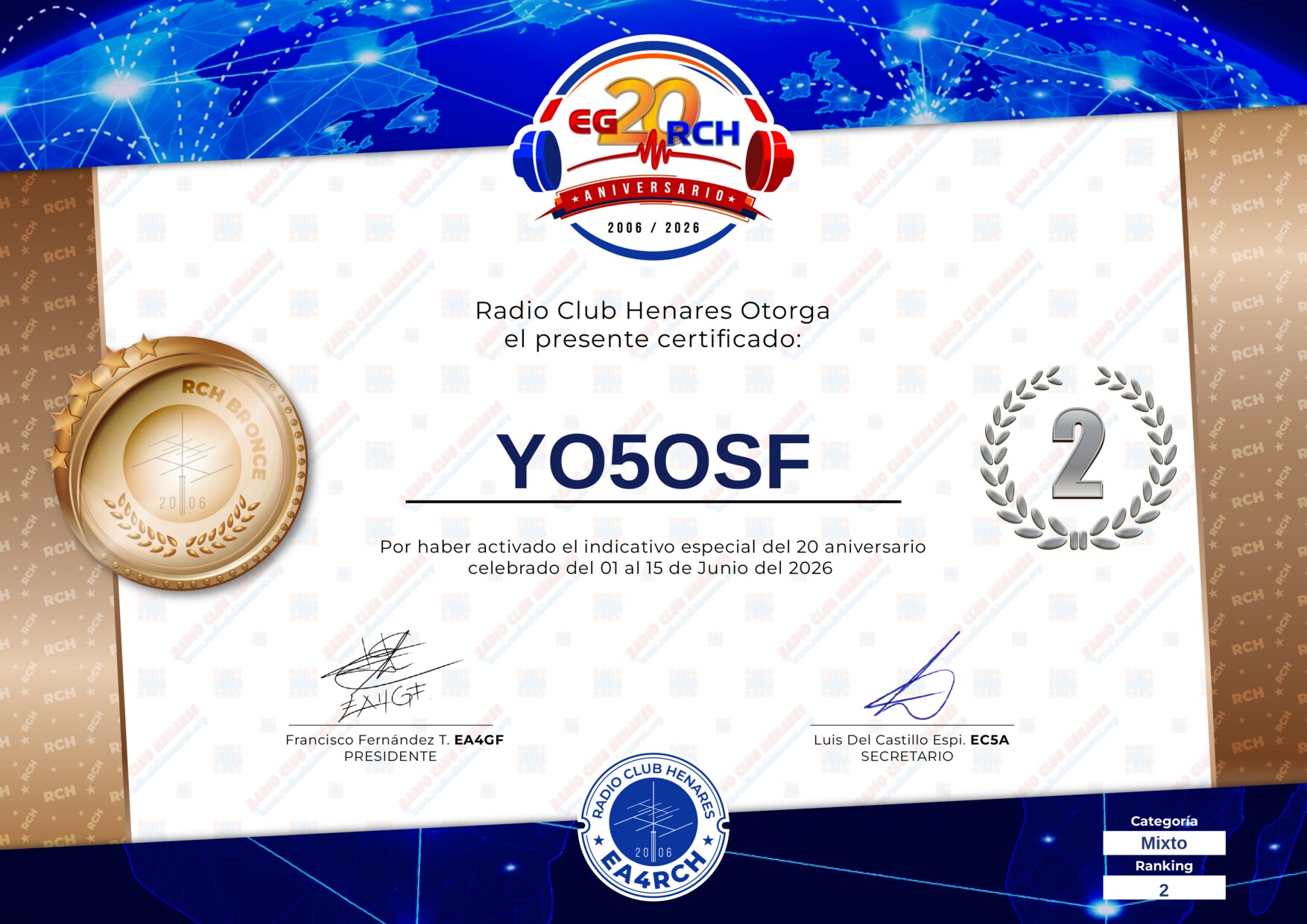 Diploma EG20RCH de YO5OSF